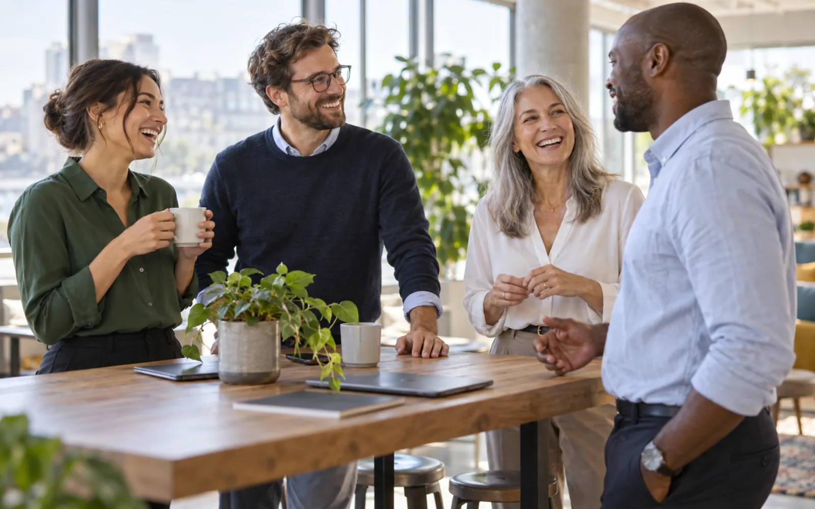 Foto: Vier Kollegen stehen in einem hellen Büro an einem hohen Holztisch, unterhalten sich und lachen