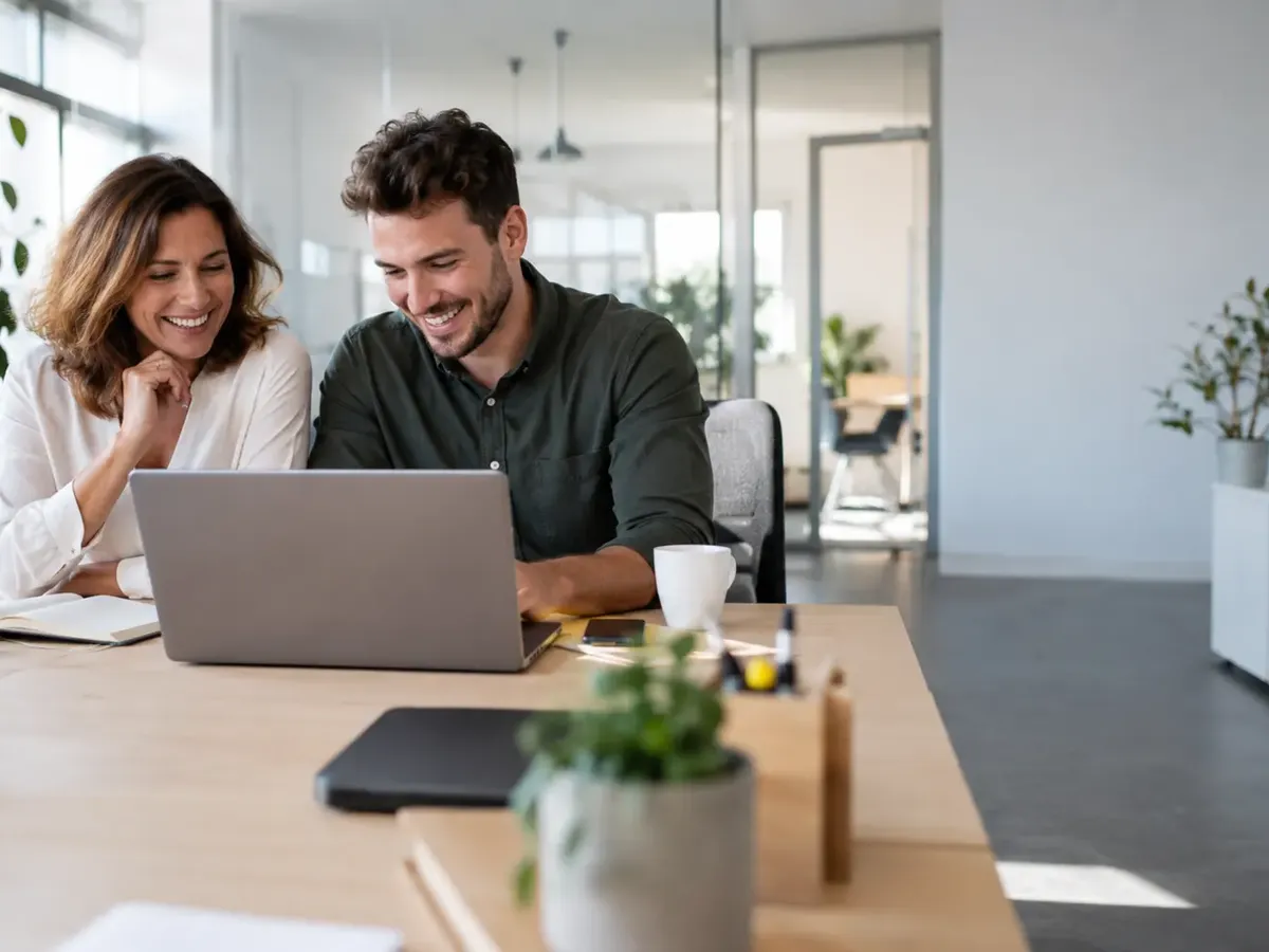 Foto: Eine Frau und ein Mann sitzen an einem Holztisch in einem hellen Büro, schauen gemeinsam auf einen Laptop und lachen